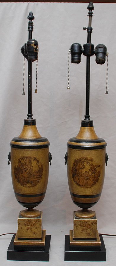 Pair of tole lamps on stepped base, 29"h: Pair of tole lamps on stepped base, 29"h