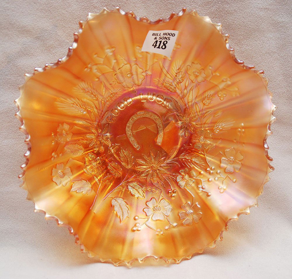 Carnival glass, Horse Shoe and Wishbone Northwood: Carnival glass, Horse Shoe and Wishbone Northwood bowl, Marigold, 2 1/2"h x 7 3/4"dia (no imperfections)
