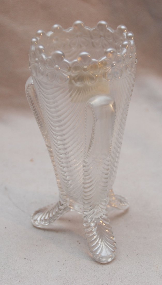 Carnival glass, Daisy and Drape, 3 footed vase, wh: Carnival glass, Daisy and Drape, 3 footed vase, white, 6 1/2"h x 2 3/4'dia (3 small straw marks, must look closely to see)