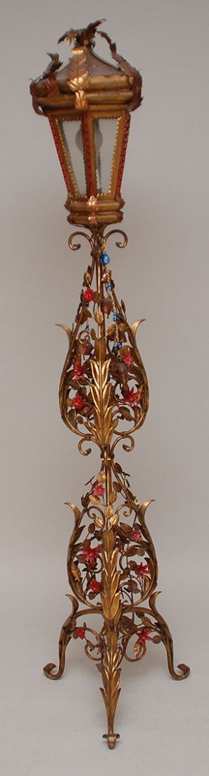 Gilded metal lantern style floor lamp with red pai: Gilded metal lantern style floor lamp with red painted flowers, 72"h