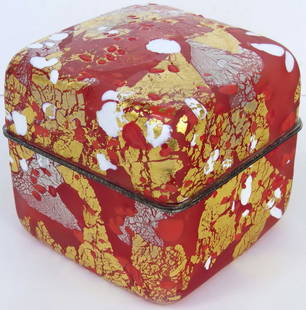 KYOHEI FUJITA, (Japan, 1921-2004), Covered Glass Box with Gold, Silver and Platinum Leaf decoration.: KYOHEI FUJITA, (Japan, 1921-2004), Covered Glass Box with Gold, Silver and Platinum Leaf decoration. Blown colorless covered glass box internally decorated with red orange and white glass; surfaces