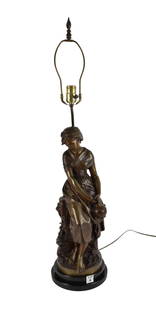 After Mathurin Moreau Bronze "La Cruche Cassee", mounted as a lamp - A bronze figural sculpture of a: After Mathurin Moreau Bronze "La Cruche Cassee", mounted as a lamp - A bronze figural sculpture of a woman with a broken jug. Drilled and mounted as a lamp with a black stone base. Single light fixtur