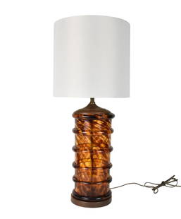 MCM Italian Murano Tortoiseshell Glass Lamp - A vintage mid-century Murano glass lamp base with: MCM Italian Murano Tortoiseshell Glass Lamp - A vintage mid-century Murano glass lamp base with tortoiseshell style art glass. Tall white modern shade. Lamp base - approx. 16" h, Overall height to fin