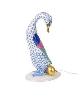 Herend Hungary Goose with Golden Egg Figurine, #5936, Blue Fishnet, 7 5/8" h.: Herend Hungary Goose with Golden Egg Figurine, #5936, Blue Fishnet, 7 5/8" h.