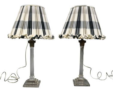 Pair Glass Column-Form Lamps - A pair of vintage column lamp bases with silverplated Corinthian: Pair Glass Column-Form Lamps - A pair of vintage column lamp bases with silverplated Corinthian capitals. Column base - 18" h, overall height to finial -31" h.