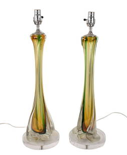 Pair MCM Seguso Murano Glass Table Lamps - A pair of Seguso Murano Art Glass lamps, Lucite bases.: Pair MCM Seguso Murano Glass Table Lamps - A pair of Seguso Murano Art Glass lamps, Lucite bases. Yellow, green, orange and clear glass. Single light fixture. 28" h. Condition: no damage identified.