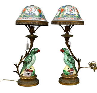 Pair Antique Asian Porcelain Parrot Lamps - c. 1920s. A pair of small table lamps. Foliate: Pair Antique Asian Porcelain Parrot Lamps - c. 1920s. A pair of small table lamps. Foliate branch-form brass lamp bases, each mounted with a glazed Chinese Export porcelain Parrot figurines at base. T