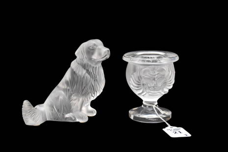 Lalique Golden Retriever Dog & 'Tete De Lion' Vase - Two Lalique France clear and frosted crystal: Lalique Golden Retriever Dog & 'Tete De Lion' Vase - Two Lalique France clear and frosted crystal items. Golden Retriever figurine, 4 3/4" h. Tete de Lion Vase, 3 3/4" h. Both pieces signed "Lalique