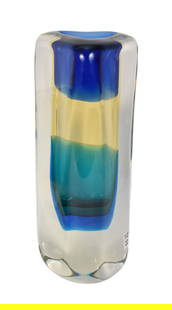 Luigi Onesto Murano Glass Sommerso Vase - Italy, 20th Century. A three-sided Murano art glass vase.: Luigi Onesto Murano Glass Sommerso Vase - Italy, 20th Century. A three-sided Murano art glass vase. Blue, yellow, teal and clear glass with central Sommerso drop. Inscribed signature on underside: