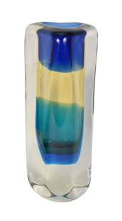 Luigi Onesto Murano Glass Sommerso Vase - Italy, 20th Century. A three-sided Murano art glass vase.: Luigi Onesto Murano Glass Sommerso Vase - Italy, 20th Century. A three-sided Murano art glass vase. Blue, yellow, teal and clear glass with central Sommerso drop. Inscribed signature on underside: