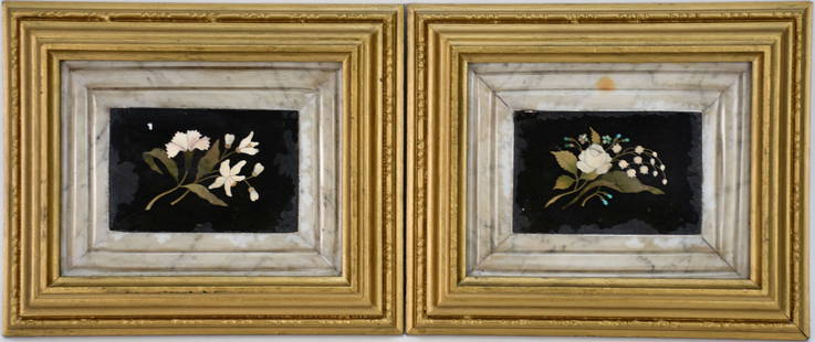 Pair Italian Pietra Dura Plaques of Flowers - A pair of vintage Pietra Dura plaque featuring florals: Pair Italian Pietra Dura Plaques of Flowers - A pair of vintage Pietra Dura plaque featuring florals on a slate ground with a marble border, gilt wood frame. Sight - 6" x 8", overall framed - 9 1/2"