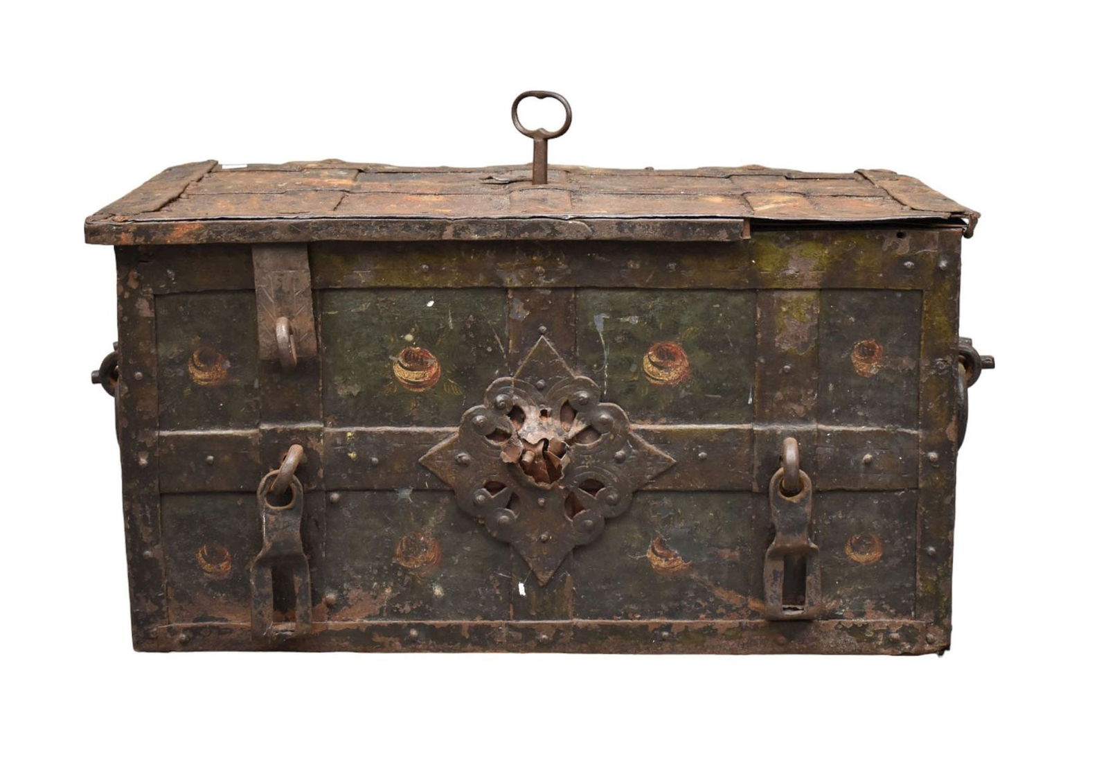 Iron 17/18th c. Strong Box, Original Iron Hardware with Massive Original Key, 18"h x 31 1/2"w x 16 (1 of 11)