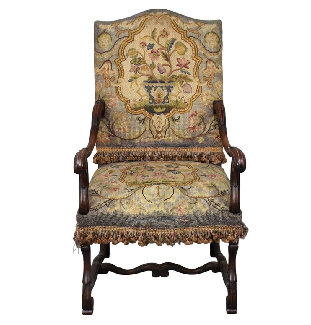 Continental 18th c. Armchair with Needlepoint Back & Seat, 43"h x 25"w (good condition) (1 of 6)