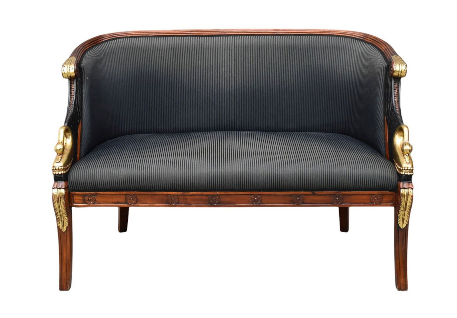 Federal Style Upholstered Settee, Reeded Mahogany Frame with Gilded Acanthus Leaf & Swans, 34"h x (1 of 7)