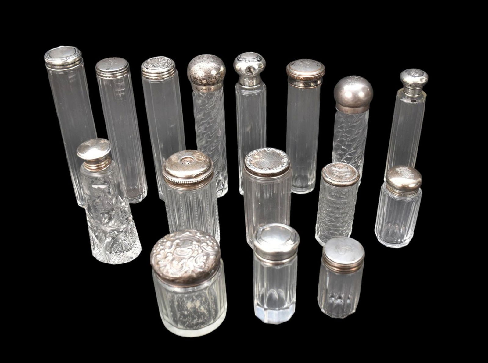 16 Antique/ Vintage Dresser Jars with Silver Lids, (good condition) (1 of 12)