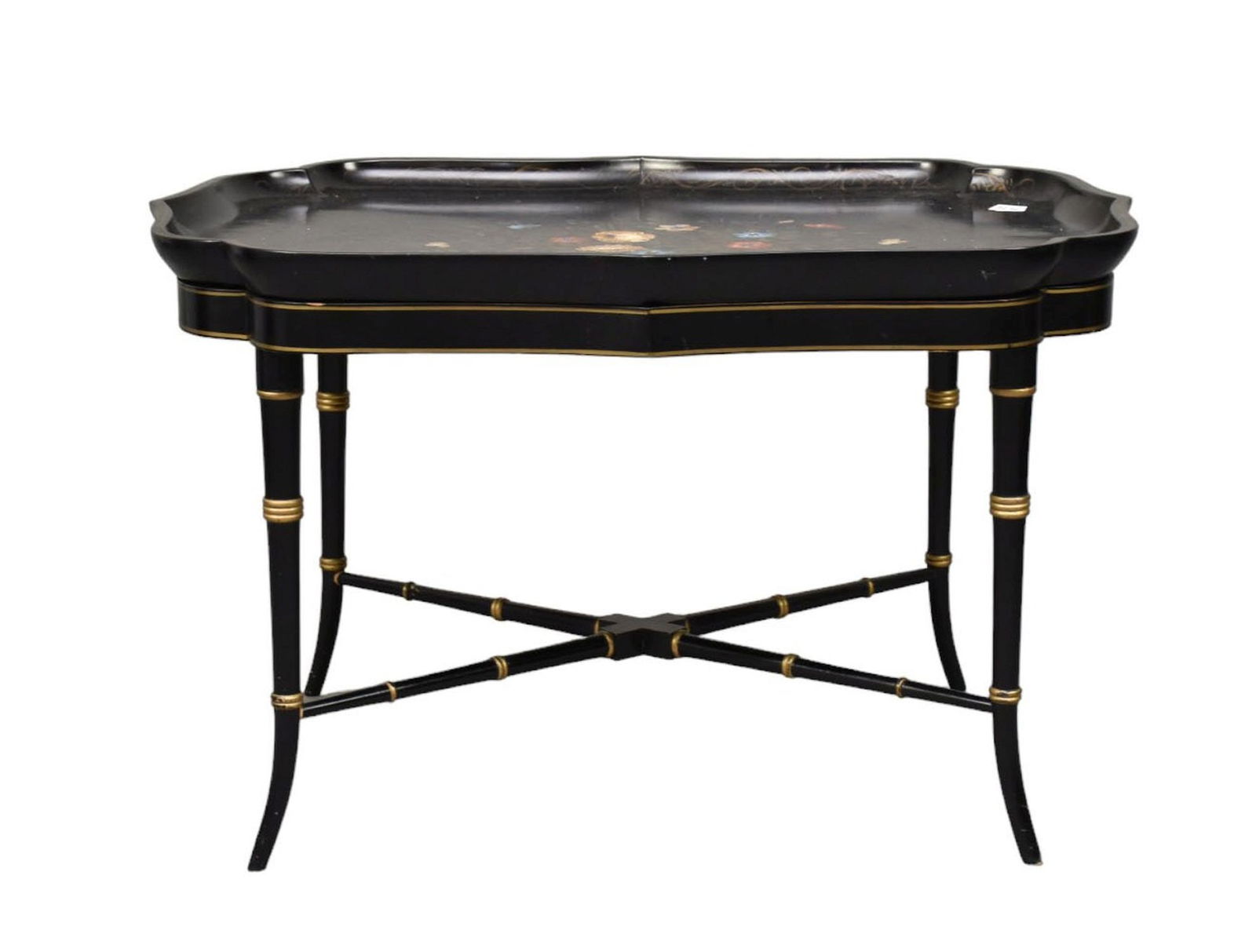 2pc. Antique Paper Mache Black Painted Tray with Floral Design on Custom Stand, 20"h x 31 1/2"w x (1 of 8)