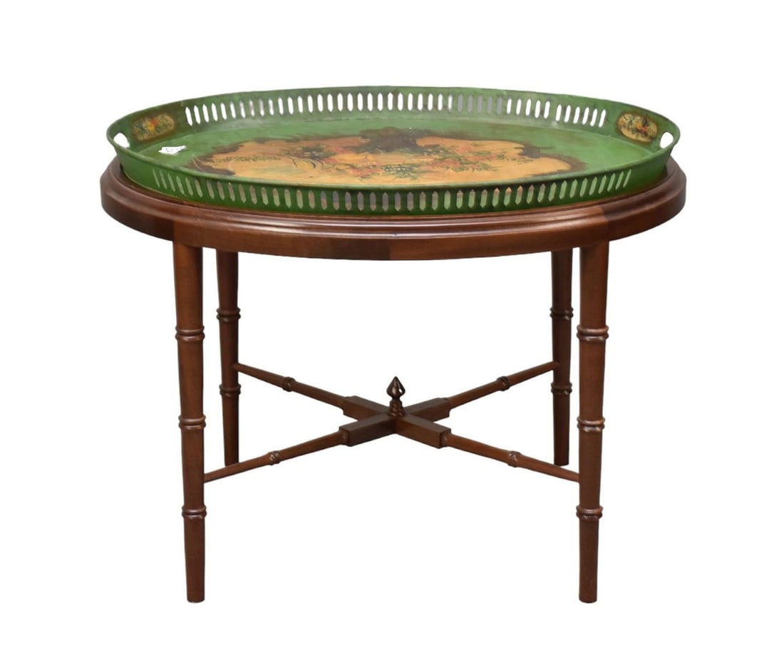 Tole Oval Painted Tray on Custom Stand, 19"h x 25"w x 20"d (1 of 8)