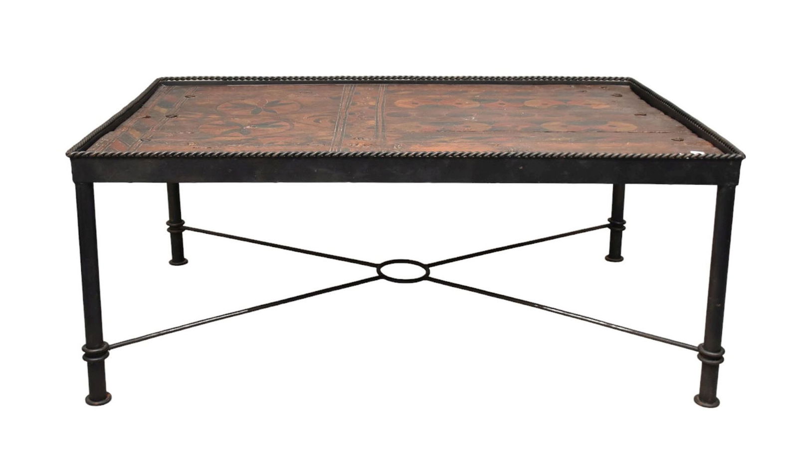 Coffee Table with Iron Base, 18th c. Carved & Painted Wood Panels As Surface, 20"h x 49"w x 34"d (1 of 8)