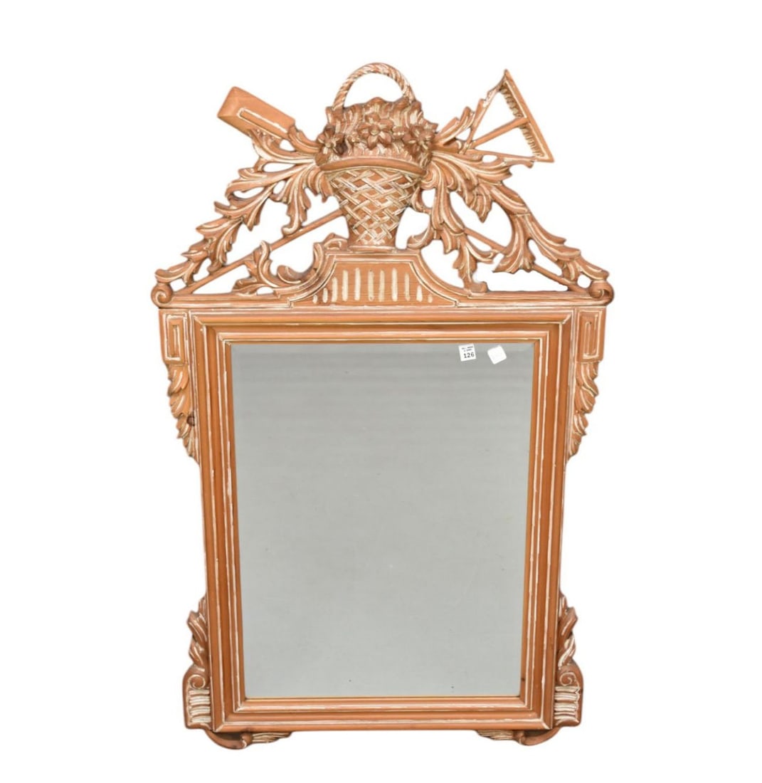 White Washed Pine Mirror with Carved Basket & Leaf Design At Top, 51"h x 31"w (1 of 4)