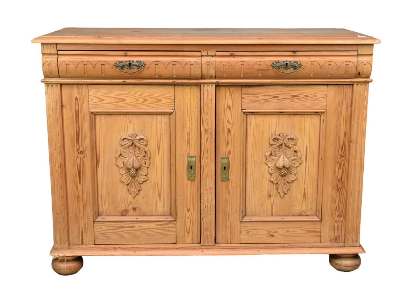 Antique Pine Sideboard, 2 Decorated side by side drawers over 2 cabinet doors with Carved Bow, Leaf (1 of 9)