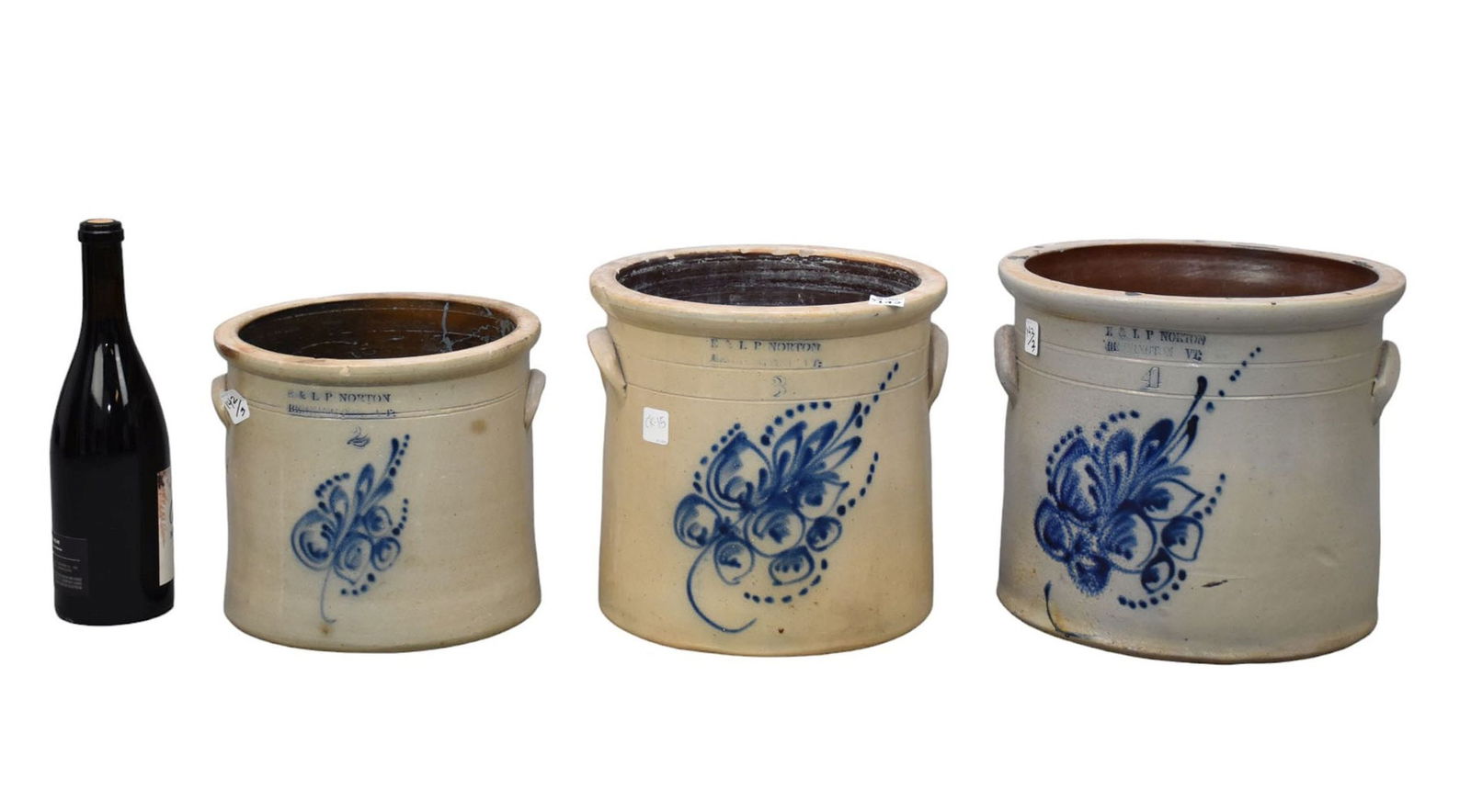 3 American Stoneware Crocks, E & L P Norton Bennington VT, 2, 3 & 4 Gallon (1 of 5)
