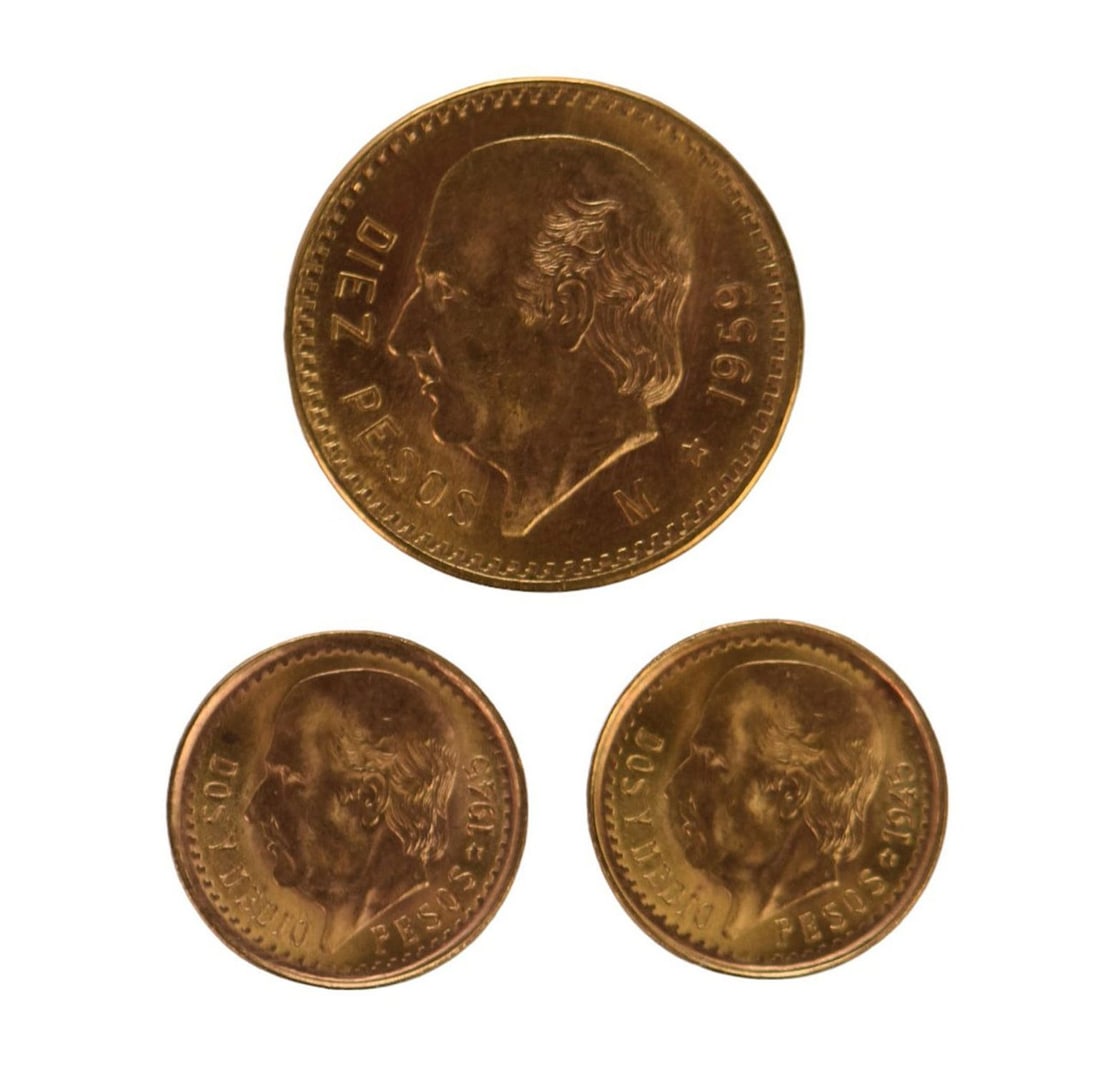3 Mexican Gold Coins, 2 1945 Pesos and 1 1959 10 Pesos. Total wt. 12.5 grams (1 of 2)