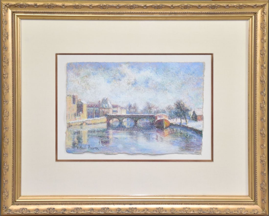 Hugues Claude Pissarro (FRENCH, 1935), sheet size 10" x 14",  river/bridge, pastel on paper, (1 of 7)