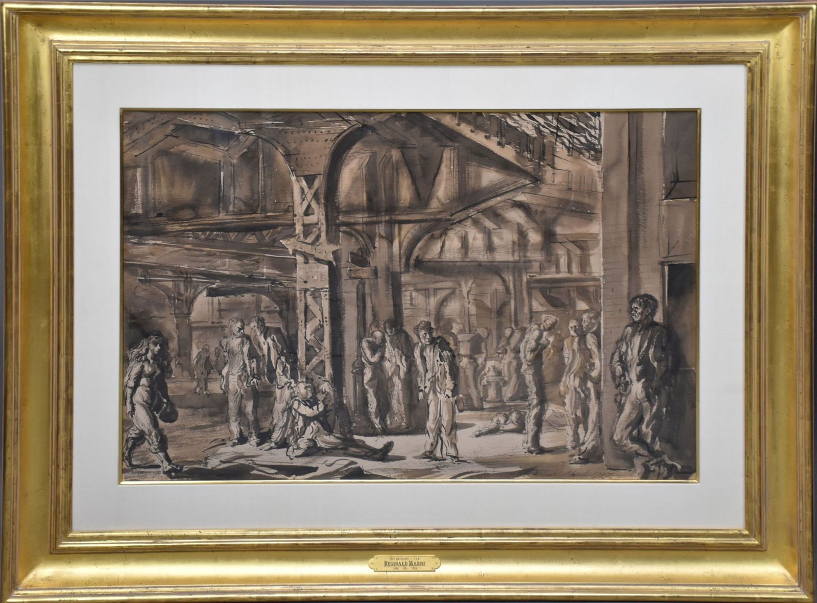 Reginald Marsh (AMERICAN, 1898–1954) watercolor on paper signed and dated 1947, “The: Reginald Marsh (AMERICAN, 1898–1954) watercolor on paper signed and dated 1947, “The Bowery” , 26” x 40”, 41 x 55” overall. Provenance: John H Surovek Gallery label