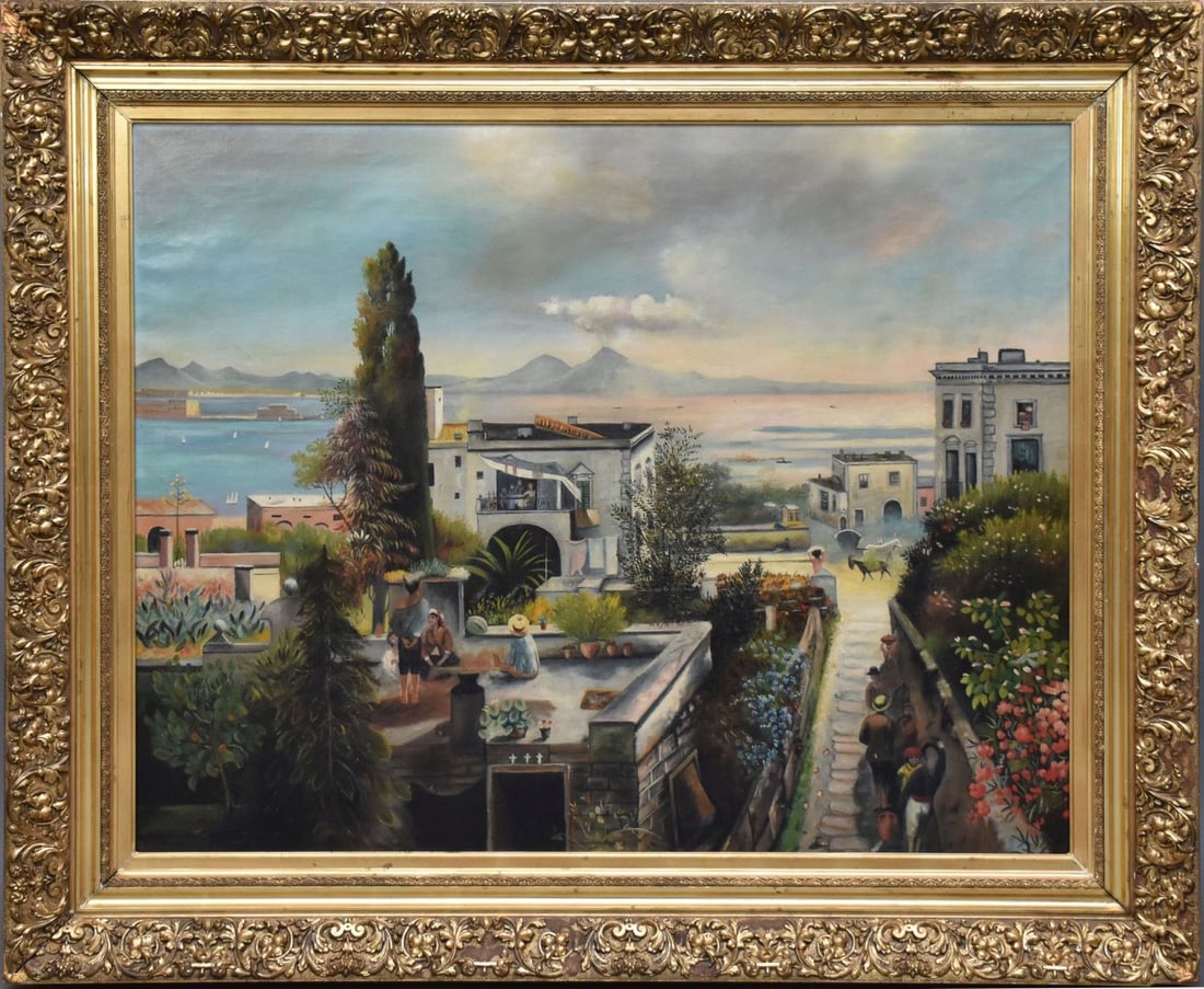 Large Italian Scene oil on canvas, Villas and Mt. Vesuvius. No visible signature 31 x 39 inches. (1 of 8)