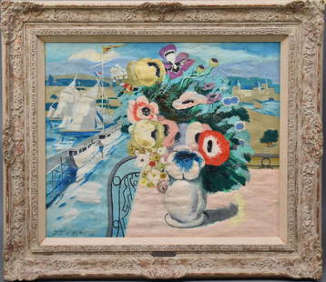 Jean Isy de Botton (FRENCH, 1898–1978), signed lower left, 1968, oil on canvas, still life of: Jean Isy de Botton (FRENCH, 1898–1978), signed lower left, 1968, oil on canvas, still life of flowers, harbor in the back, 25” x 30” canvas size, 35” x 40” overall