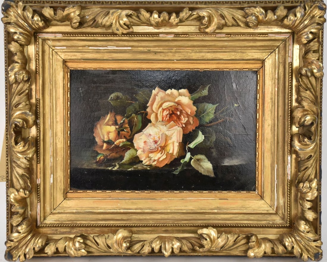 Fall River school, mass. 1880, roses still life, oil on board, 13 x 8 1/2 board size, overall frame (1 of 8)