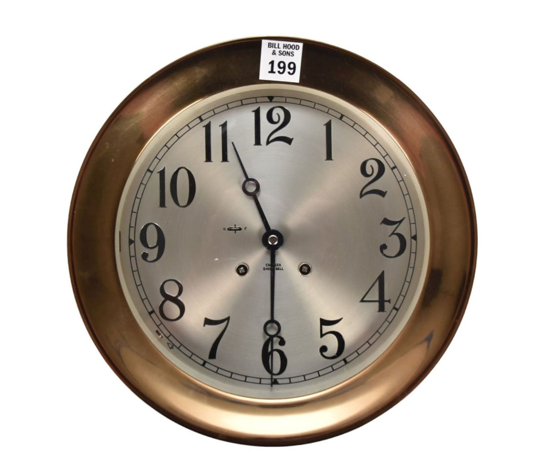 Chelsea Ship's Bell Clock - Brass case with rose-gold tone, Arabic numerals, hinged lid cover. (1 of 7)