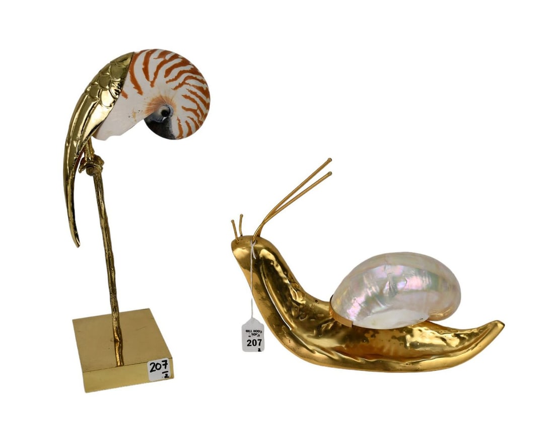 Two Mid-Century Brass Mounted Shell Sculptures Bird & Snail - A brass mounted pearlized marine shell (1 of 5)
