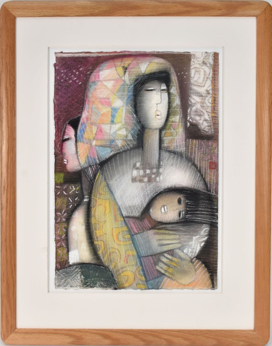 Long Looi Lee (Malaysian, B. 1942) Mixed Media Pastel/Crayon/oil Mother with Children. Sheet size 22 (1 of 7)