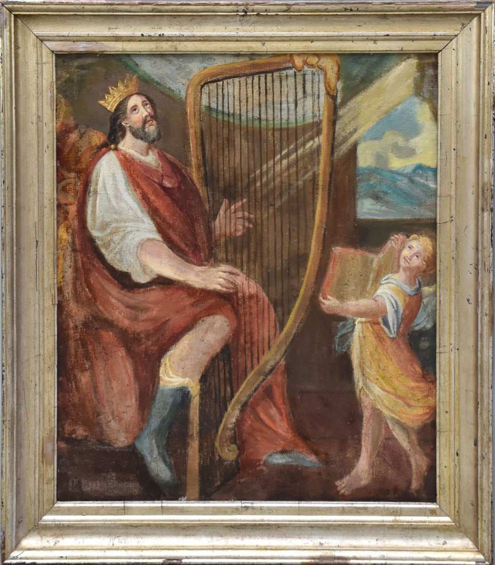 18/19th Century Old Master style oil on canvas, King David playing Harp and Painting of Madonna on (1 of 8)