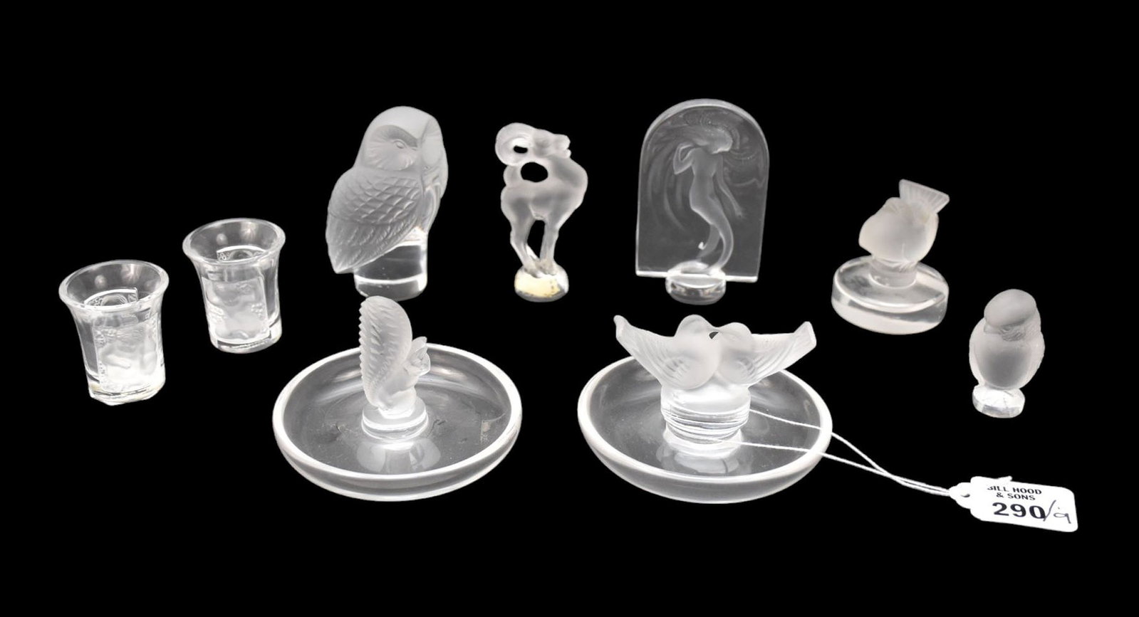 Grouping of Lalique Miniature Items, Pair Cordials, 2 Owls, 2 Birds, Squirrel Ring Dish, Ram & Nude: Grouping of Lalique Miniature Items, Pair Cordials, 2 Owls, 2 Birds, Squirrel Ring Dish, Ram & Nude Panel