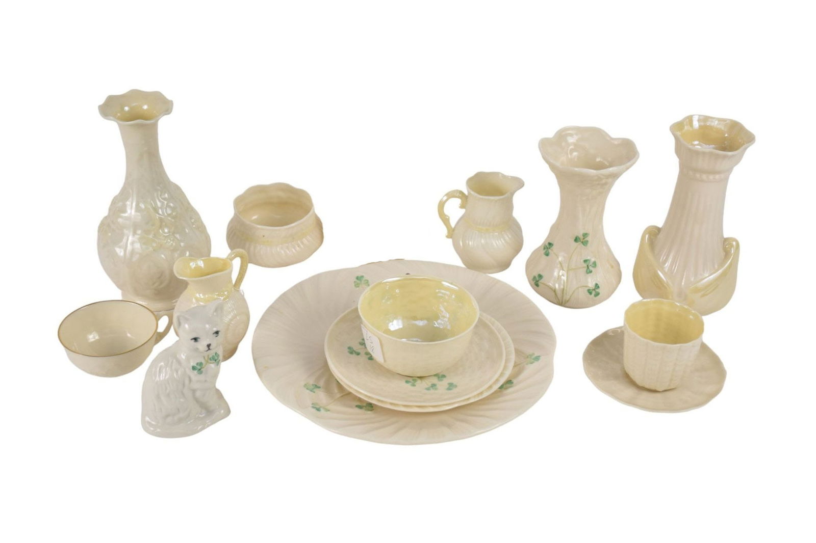 Belleek Lot of 14, Assorted Tableware's, 5 with Shamrocks (chip on vase) (1 of 4)