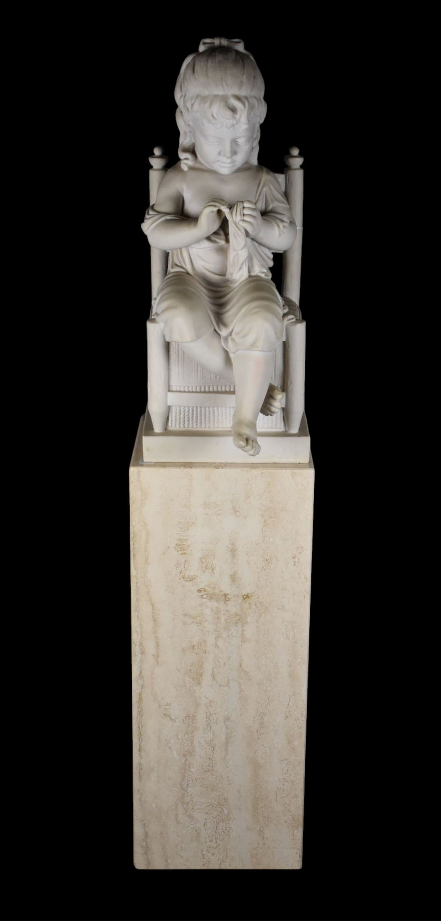 Sculpture of Young Seated Child with Fabric in Her Hands, Travertine Pedestal, Signed Biggi Fausto (1 of 7)