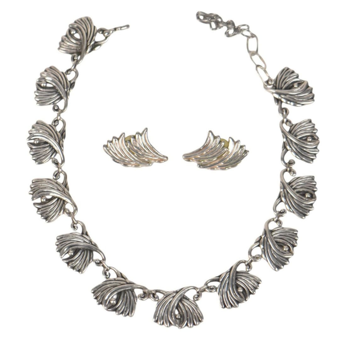 Los Castillos Taxco Mexico Vintage 925 Sterling Silver Necklace & Earrings 102.  Wt. 112.8 grams (1 of 8)