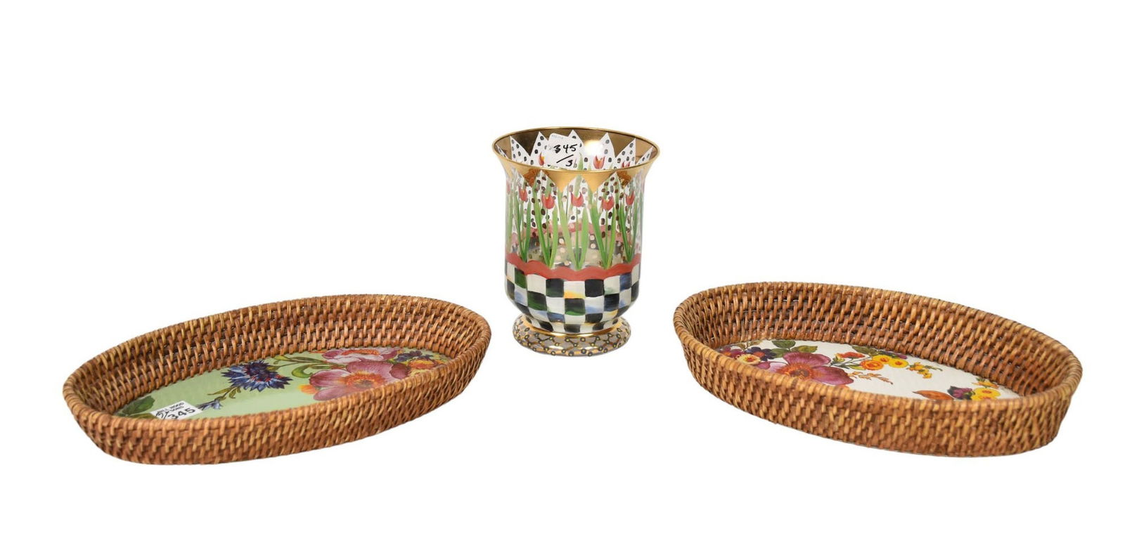 3pcs. Mackenzie Childs, Pair of Woven Oval Trays (11"w) AND Handpainted Vase (6 1/2"h x 5"w) (1 of 8)