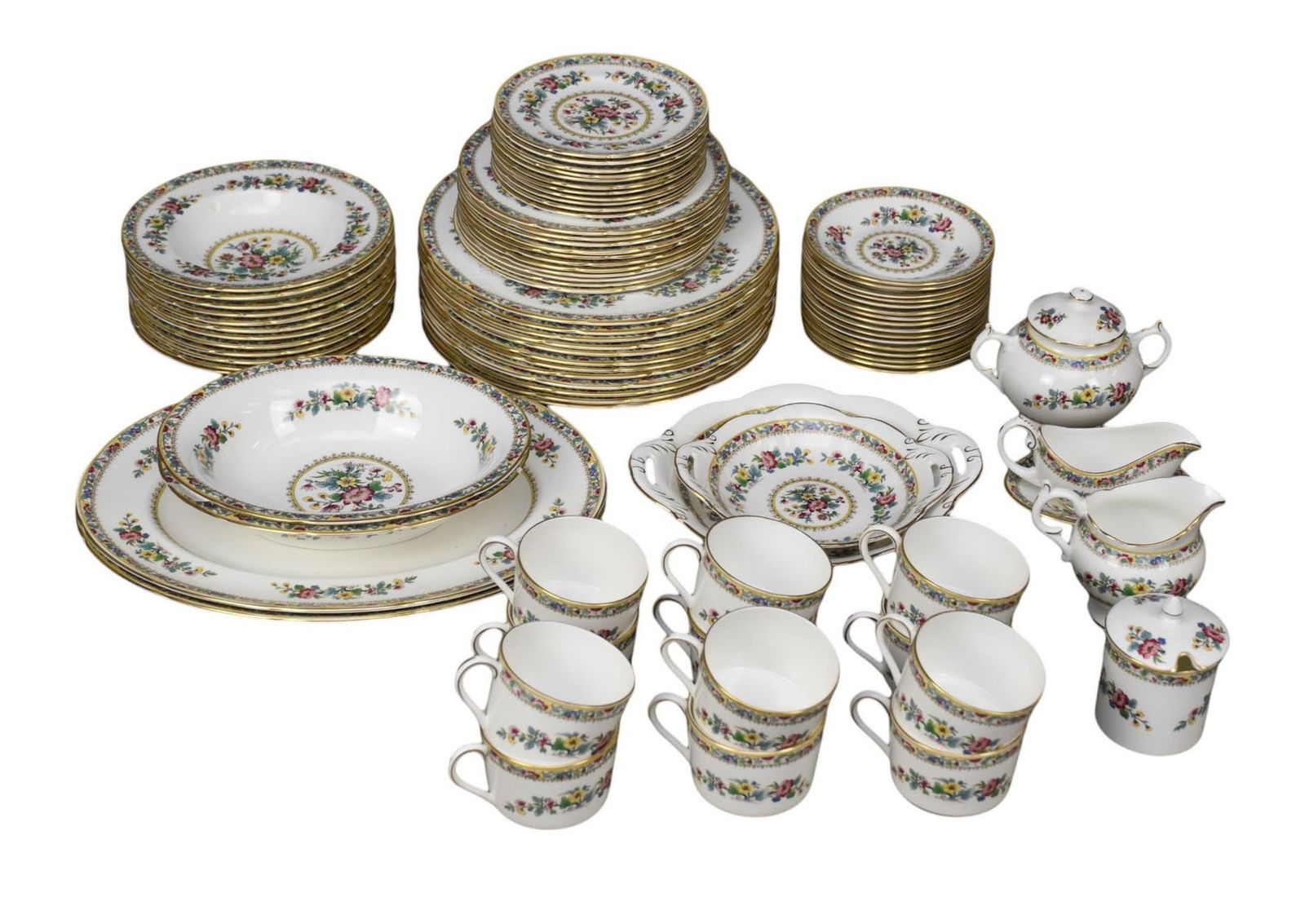 Coalport Porcelain Service, "Ming Rose", incl; 12 Dinner Plates, 11 Salad Plates, 11 Dessert Plates,: Coalport Porcelain Service, "Ming Rose", incl; 12 Dinner Plates, 11 Salad Plates, 11 Dessert Plates, 12 Soup Bowls, 16 Saucers, 12 Teacups and 11 Serving Pcs.