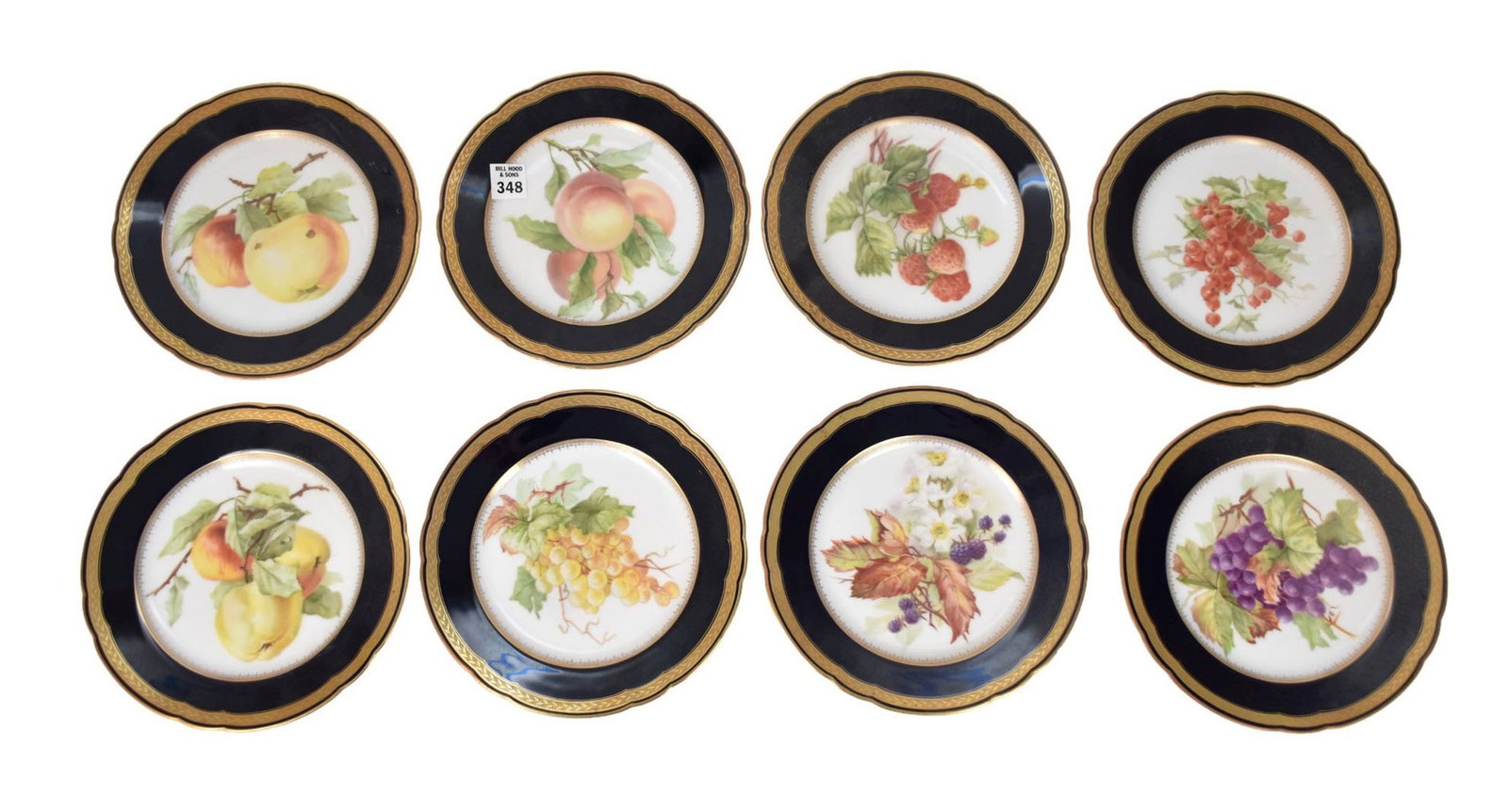 8 Fruit Plates, Assorted Fruite Designs with Cobalt & Gold Rims, 8 3/4"dia: 8 Fruit Plates, Assorted Fruite Designs with Cobalt & Gold Rims, 8 3/4"dia