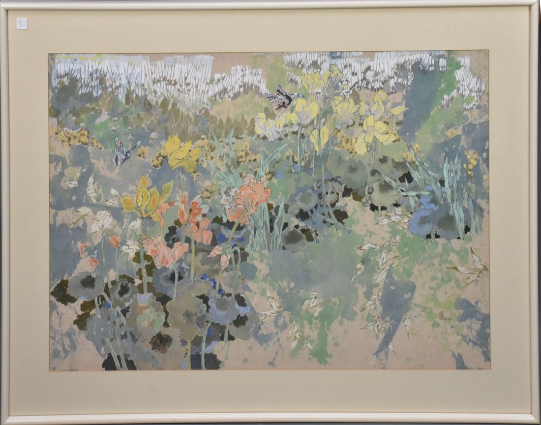Asian school, floral landscape with butterflies, ‘85, 28 1/2" x 42“ sight size, 38“ x 52" (1 of 6)