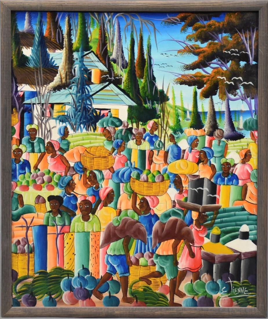 Haitian Village/Market Scene Painting signed Etienne. Canvas size is 24 x 20 inches: Haitian Village/Market Scene Painting signed Etienne. Canvas size is 24 x 20 inches