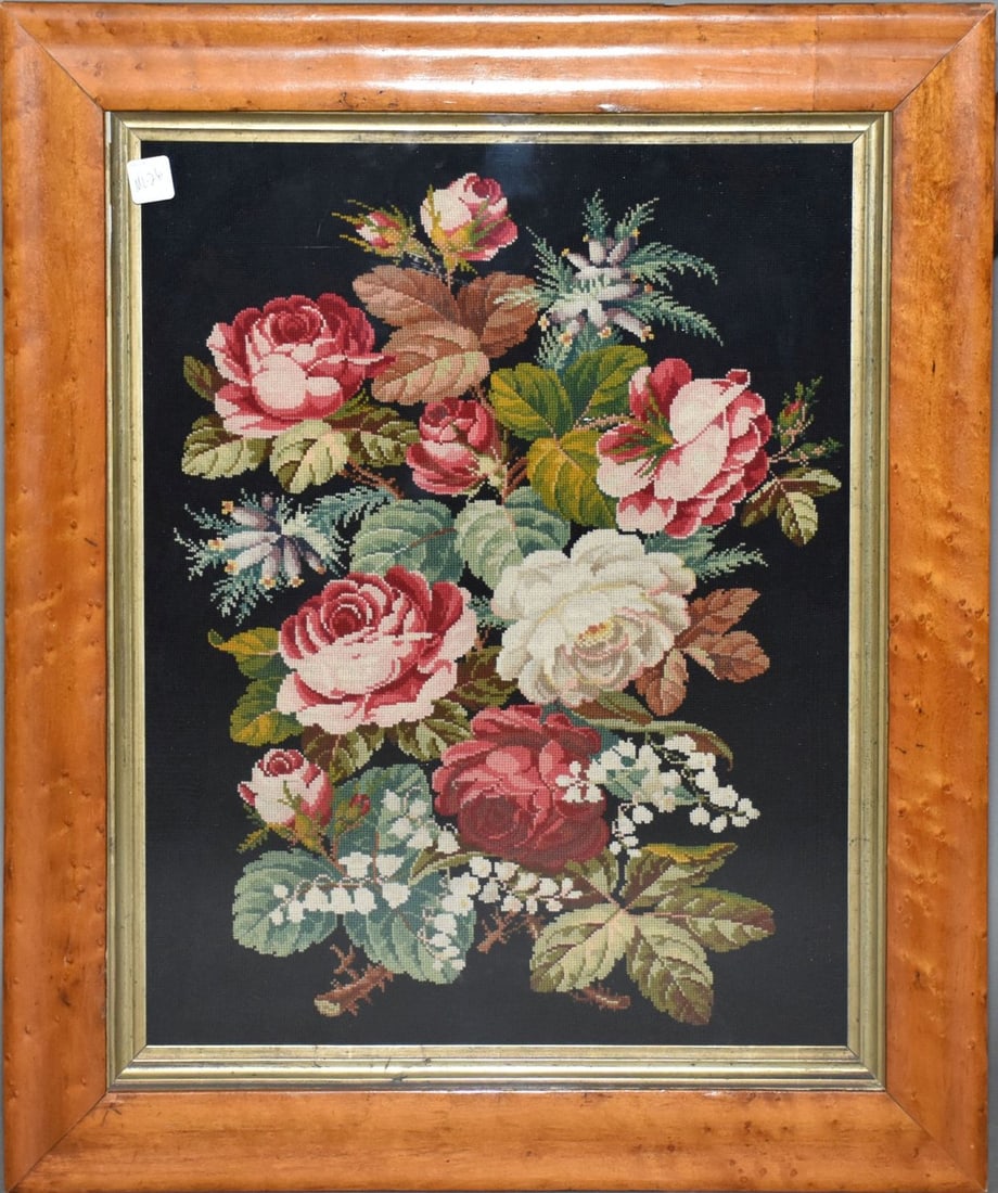 Antique needlepoint Floral, sight 21 x 16-1/2 inches. overall framed 28 x 23-1/2 inches. (1 of 6)