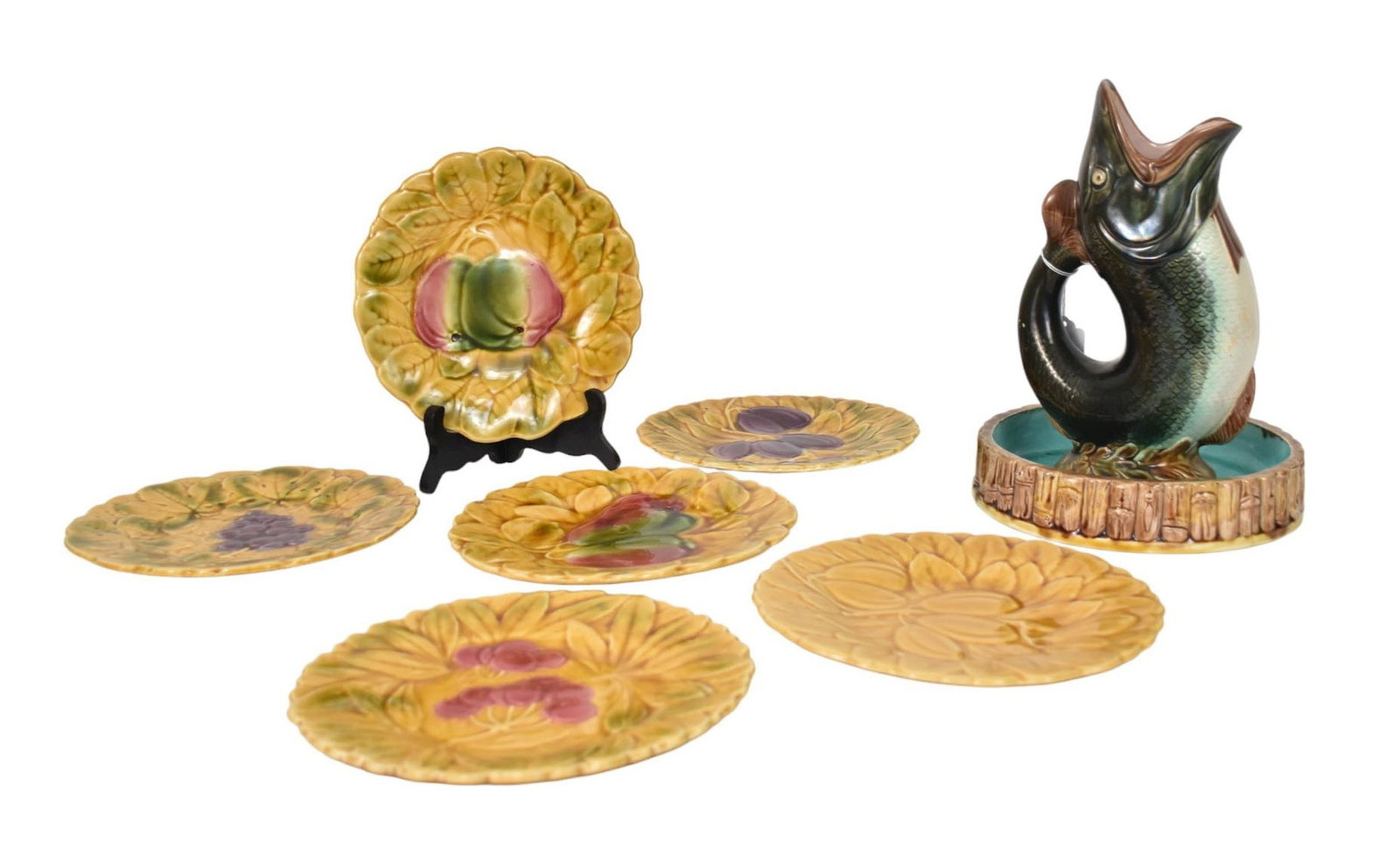 Grouping of French & English Majolica Pottery - Grouping includes: A) English Majolica Gurgling Fish (1 of 8)