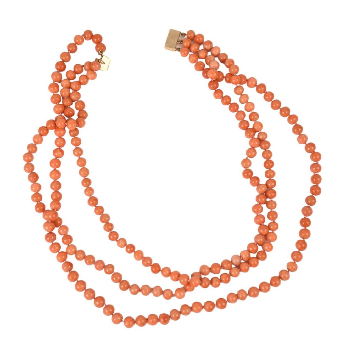 3 Strand Coral Bead necklace.  18"  with 14K gold clasp. (1 of 3)