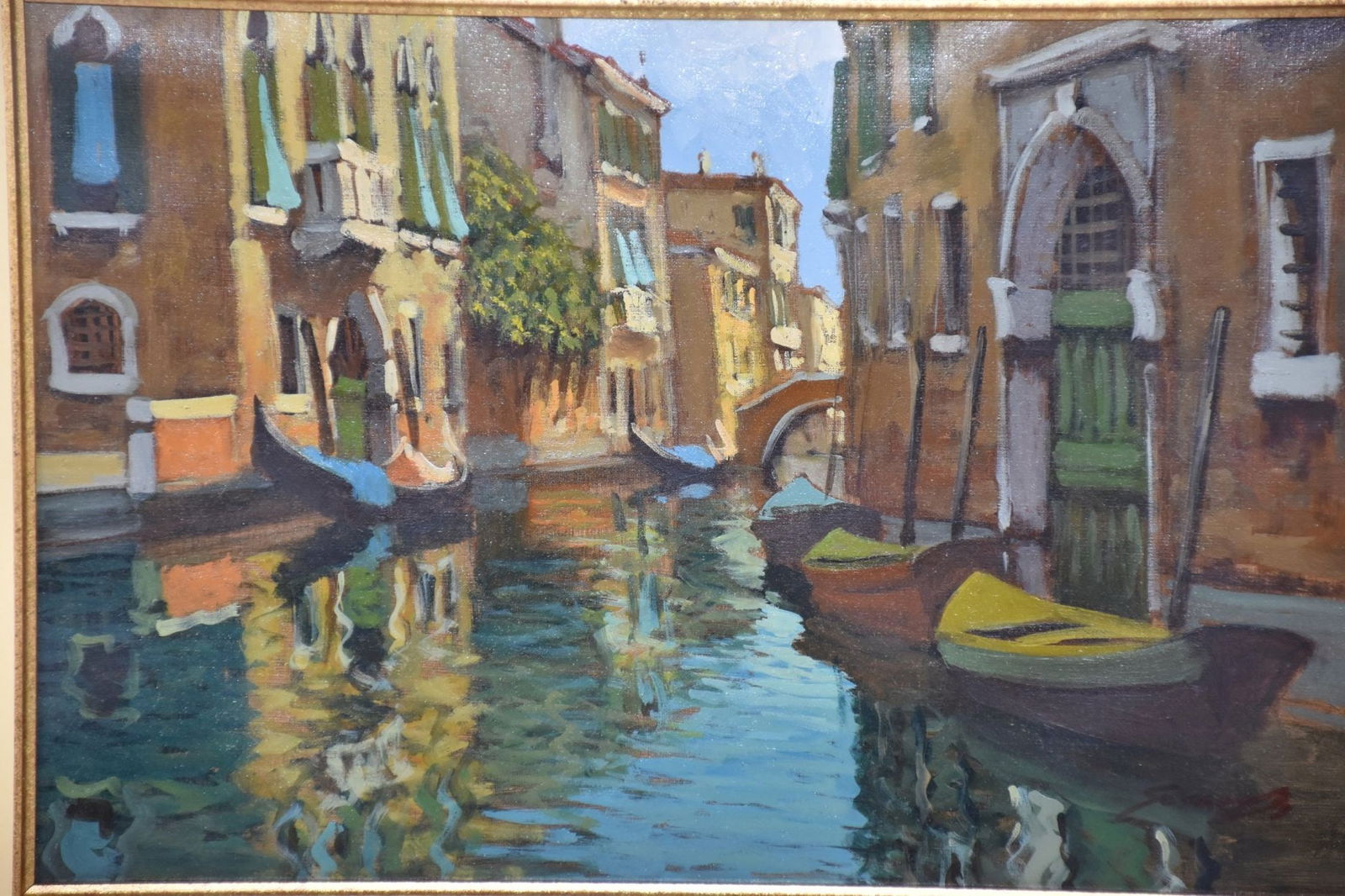 20th century, oil on canvas, decorative Venice canal scene, signed illegibly, approx 9" x 13" sight, (1 of 5)