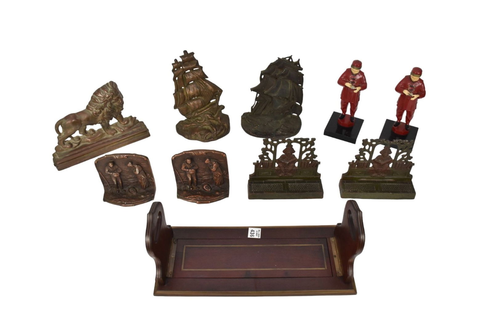 10pc. Lot Antique Iron, Brass and Bronze Bookends & Doorstops, incl; Judd Non Expanding Polychrome: 10pc. Lot Antique Iron, Brass and Bronze Bookends & Doorstops, incl; Judd Non Expanding Polychrome Scholar Bookends, Mahogany Inlaid Expandable Bookend (France), JB Hirsch Hand Enameled Chinese Man Bo