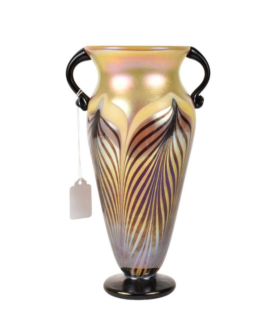 Rick Strini Art Glass Vase with Iridescent Pulled Feather Design - Signed at underside of foot and (1 of 7)